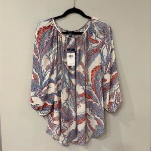 Chaps Women's 1x White Paisley Blouse with Blue & Red Accents NWT
